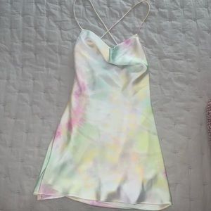 Zara XS tie dye, multi colored silk cowl neck mini dress with strappy back